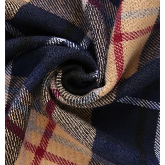 Colorblock Plaid Knit Wide Scarf Tassel Fringe Detail Tan Blue Black - Picture 3 of 3